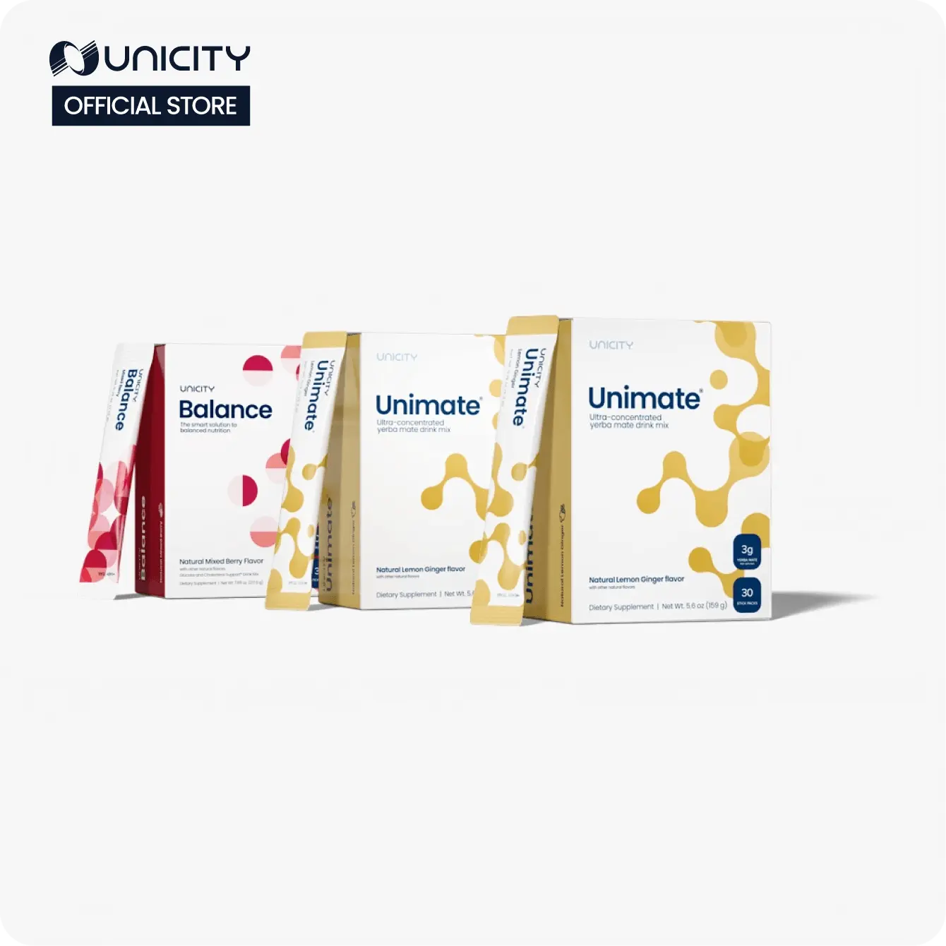 Unicity Feel Great - Lemon Ginger Unimate (2) Mixed Berry Balance (1) - 30-day supply