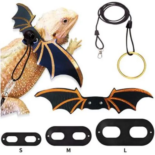 3-Size Pack Soft Leather Detachable Adjustable Bearded Dragon Walking Harnesses with Wing Leash for Outdoor Use, Walking Harness Lizard Set
