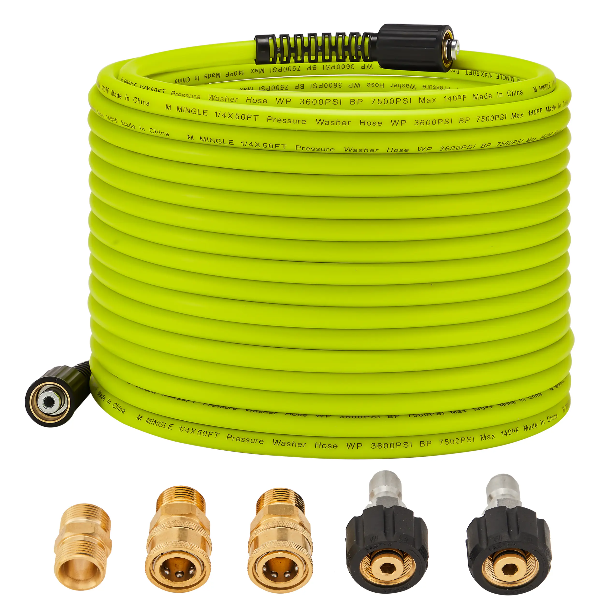 M MINGLE 50 FT x 1/4" High Power Waterproof Tubing & Hose, Durable Replacement with M22 14mm Fittings, Quick Connect Kits, 3600PSI, Easy-to-Carry Pressure Washing Solution for Pool, Household Cleaning