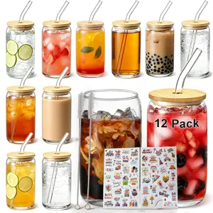 12 Pack Cute 16oz Beer Can Shaped Glass Tumblers with Bamboo Lids, Glass Straws & 2 Cleaning Brushes, Reusable Drinking Glass Cups for Iced Coffee, Bubble Tea, Smoothies, Whiskey and Daily Water