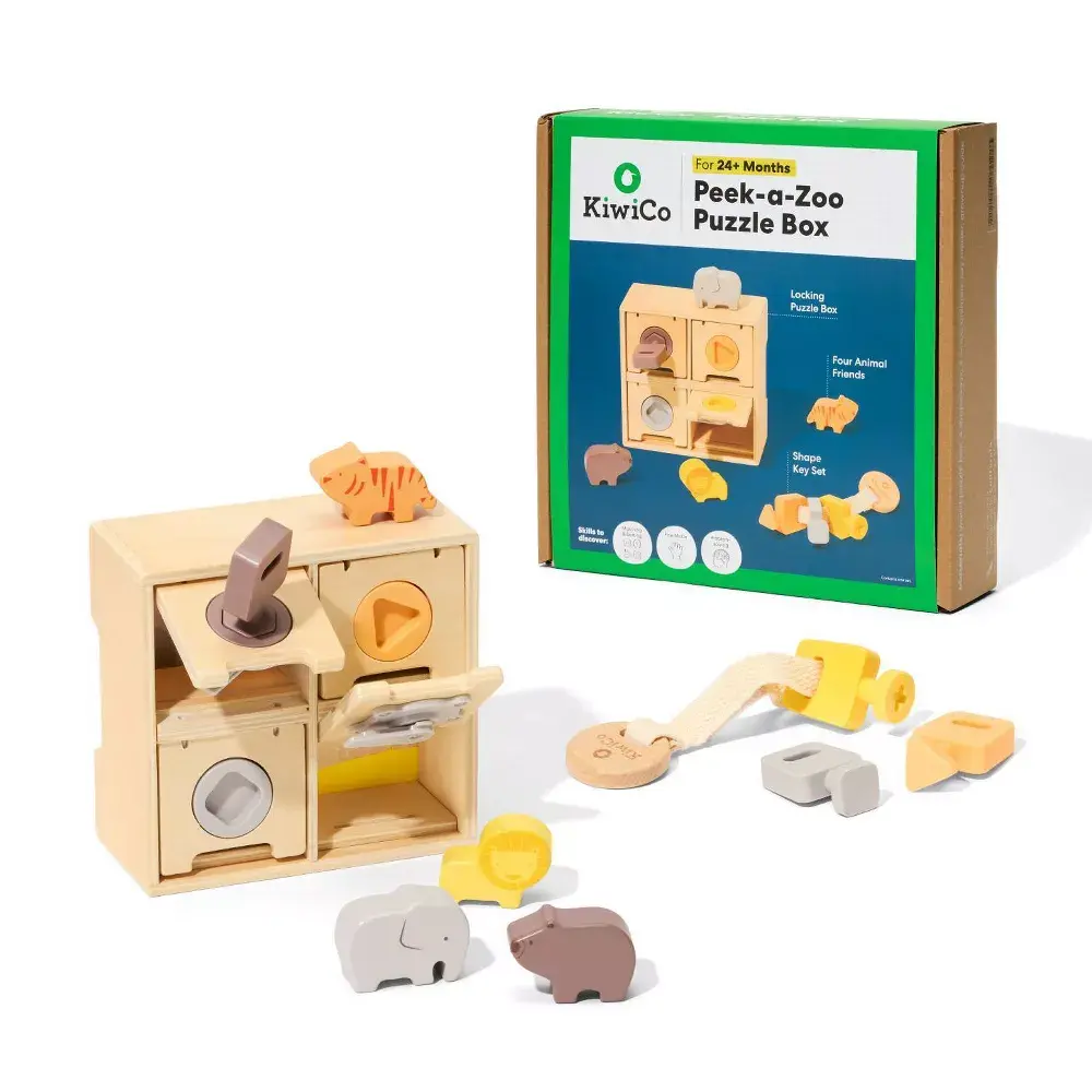KiwiCo Peek-a-Zoo Wooden Puzzle Box Activity Set - 10pc Interactive Shape Sorter Toys, Natural Wood, Animals & Nature, Locking Keys