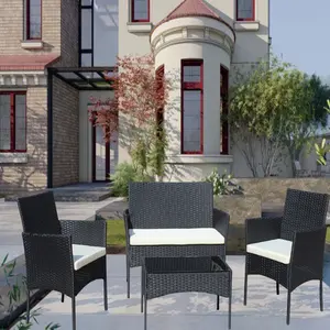 4 Piece Rattan Patio Furniture Set Outdoor Wicker Sofa with Beige Cushions for Garden Backyard Poolside Relaxation, Weather-Resistant PE Rattan, Sturdy Steel Frame, Easy Assembly, 4-Seat Conversation Set, Living Room Furniture for Apartment