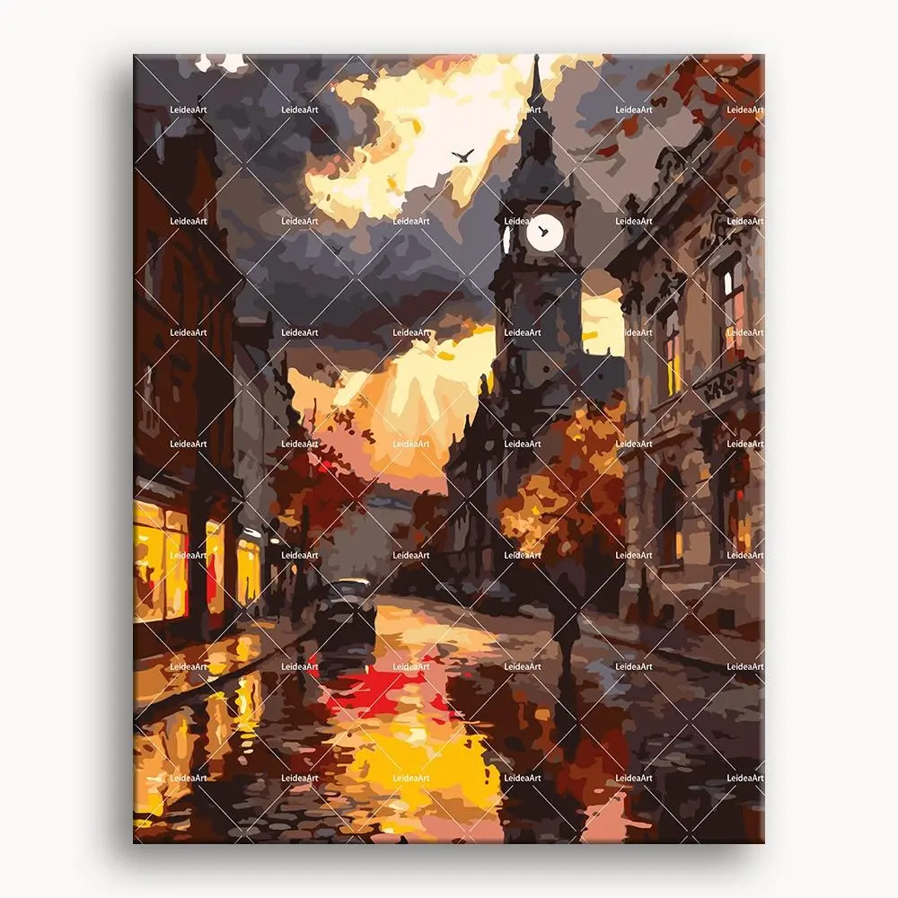 Vibrant Autumn City Clock Tower Paint by Numbers Kit, Acrylic DIY Canvas Painting Set for Adults & Beginners, Stress-Relief DIY Art Craft, Home Decor Gift