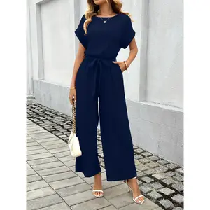 Women's solid color wide leg pleated lace up jumpsuit, casual and comfortable jumpsuit suitable for daily wear, all season women's clothingRAIMENTRY