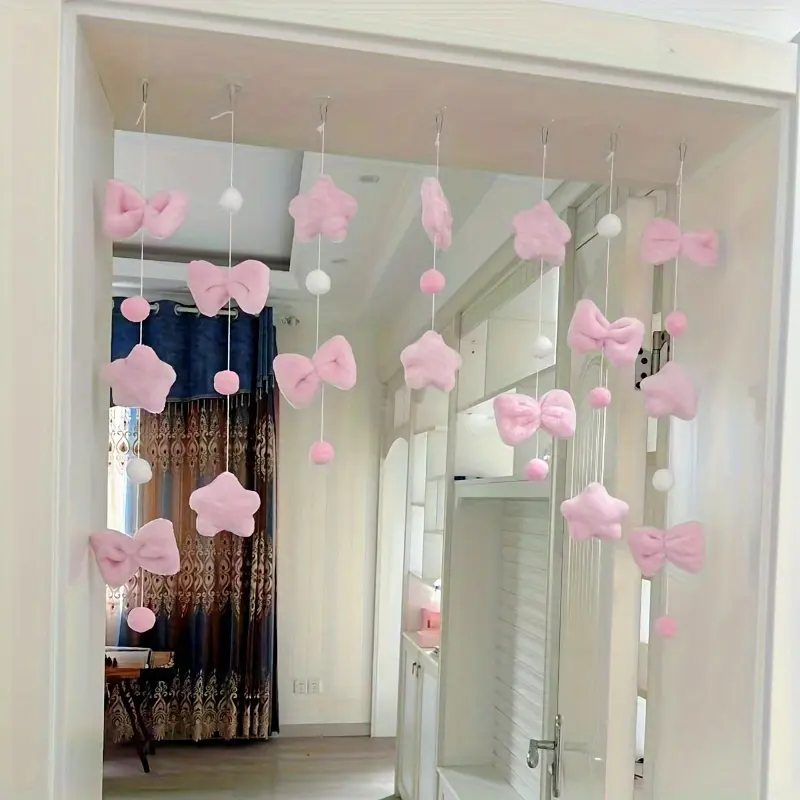 7-Pack Self-Adhesive Hooks, Pink Vintage Star Bow Door Decoration - No-Drill Polyester Room Divider Curtain, Suitable for Bedroom, Living Room, Girl's Room Decoration, Lightweight Design, Party Decoration Supplies, Party Accessory, Decorations Accessories
