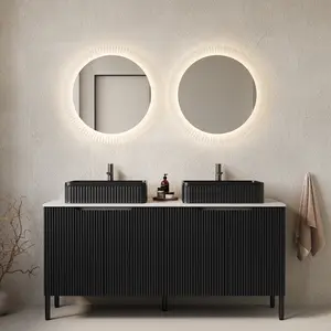 TURIO 60" Bathroom Vanity with Sinks Freestanding Storage Cabinet 4 Doors 2 Black Striped Basins Carrara White Top No Faucet Modern Scandinavian Style