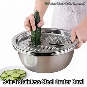 3-Piece Stainless Steel Kitchen Multi-Function Set, Integrated Grater Design with Drain Basket & Mixing Bowl, Food Grade Safety, Vegetable Grater