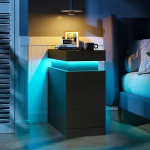 Sikaic Narrow Nightstand Charging Station, End Table with Sliding Top, 3 Drawers Bedside Tables for Living Room Bedroom, Night Stand for Small Space, Black