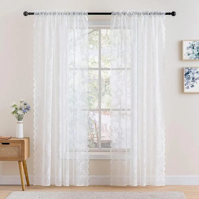 Boho Lace Door Curtain with Rose Embroidery, Sheer Light-Filtering Drape, 2 Panels Set for Wedding Shower Party Home Decor