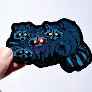 Nighttime Raccoons Holo Vinyl Sticker | Glowing Eyes Mammal Animal Gift, Laptop Water Bottle Decal Sticker