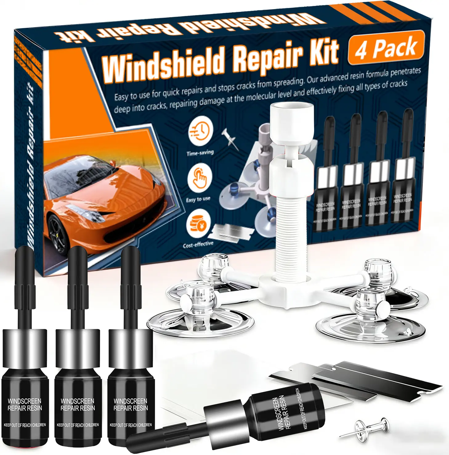 Windshield Chip Repair Kit, 4pcs-Glasses Repair Kit for Car Durable Windshield Crack Repair Kit for Universal Vehicles,Quick Drying & Clear View Restoration