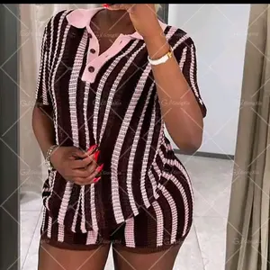Fashion 2025 Summer Woman Close Striped Outfit Short Sleeve Amazing Pink Trim Top with Striped Shorts Set