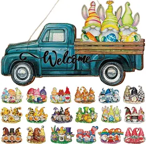 23 Pcs Interchangeable Gnome Welcome Sign for Front Door, Magnetic Seasonal Wooden Truck Door Hanging Decor for Valentines St. Patrick's Day Easter Spring Birthday Holiday Party, Farmhouse Porch Wall Home Decor, Housewarming Gift for Room Office Garden