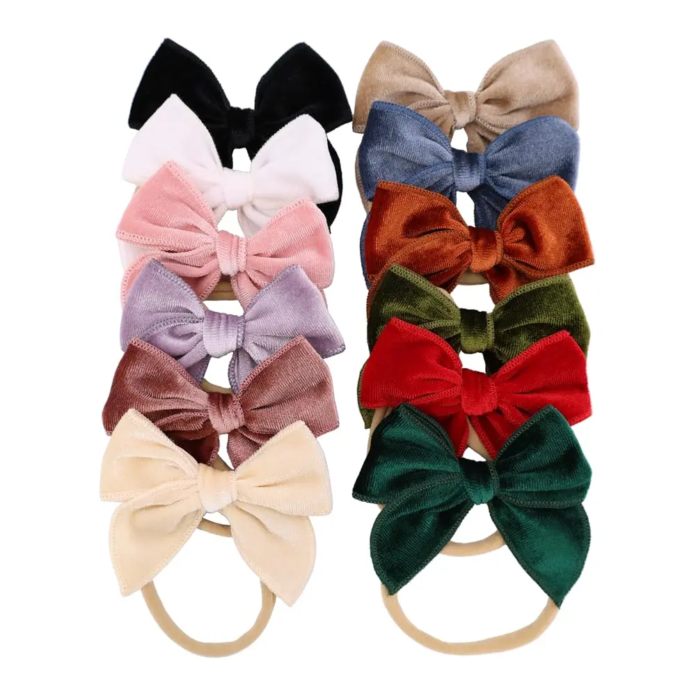 Newborn & Toddler Girl Velvet Bow Headbands (Pack of 12, 3 in Fable Bow), Soft Nylon Elastic Bands, Easy to Put In & Take Out for Birthday Party, Baby Shows, Easy To Put In And Take Out