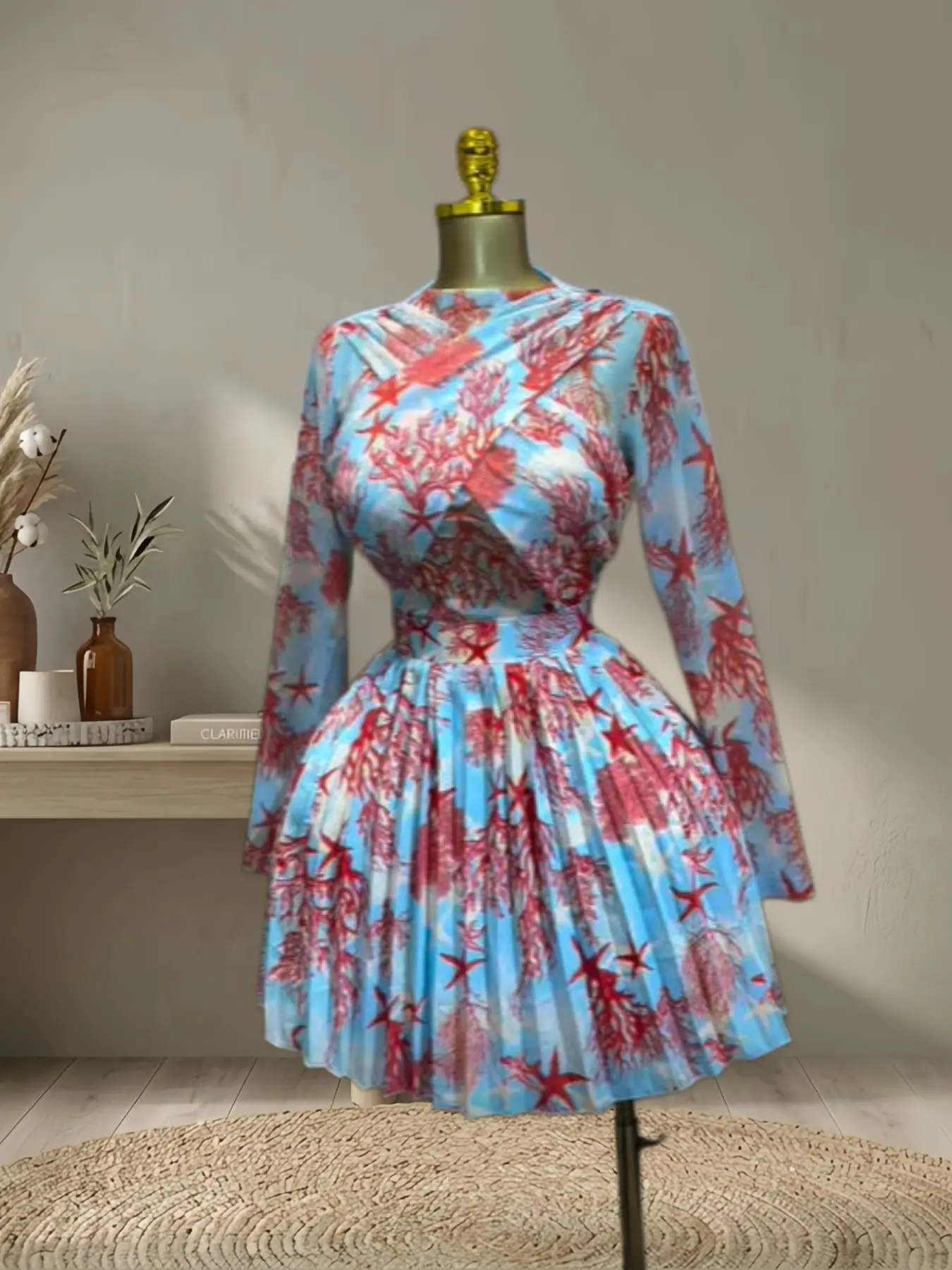QFAF Women's Leaf Print Long Sleeve Round Neck Wrap, Fitted Mini Midi Dress, Front Pleated Party Birthday Fancy Dress, Romantic Vacation Style Aesthetic Evening Cocktail Dresses, Dressy Fashion Dinner Parties Dress, Beach Dress Womenswear Lady