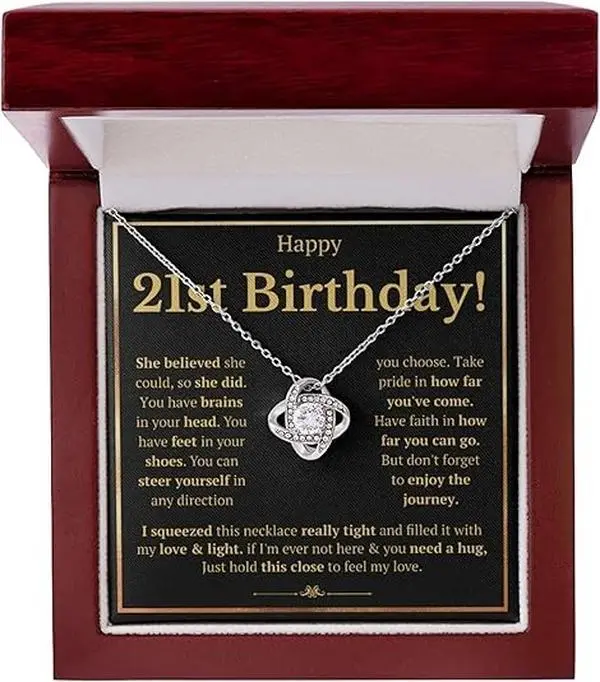 Squeezed Love Knot - 21st Birthday Gifts For Her, 21 Year Old Female Birthday Card Necklace Gift Ideas, Happy Bday For Women Turning Finally 21, 21st Birthday Present for Daughter, Granddaughter, Best Friend with Message Card and Gift Box