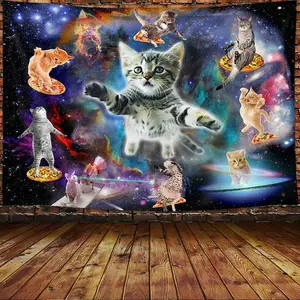 Viajar Cat Tapestry, Fantasy Universe Galaxy Space Funny Cool Cat Tapestry for Boys Kids, Starry Sky Nebula Galaxy Wall Decor Hilarious Cool Tapestries 60X40 Inch for Bedroom Living Room Dorm Room