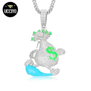 【#P206】925 Sterling Silver Synthetic Moissanite Pendant Necklace, Escape Dollar Money Bag Luminous Pendant for Men and Women Hip Hop Jewelry Gift Fashion Trend summerwins