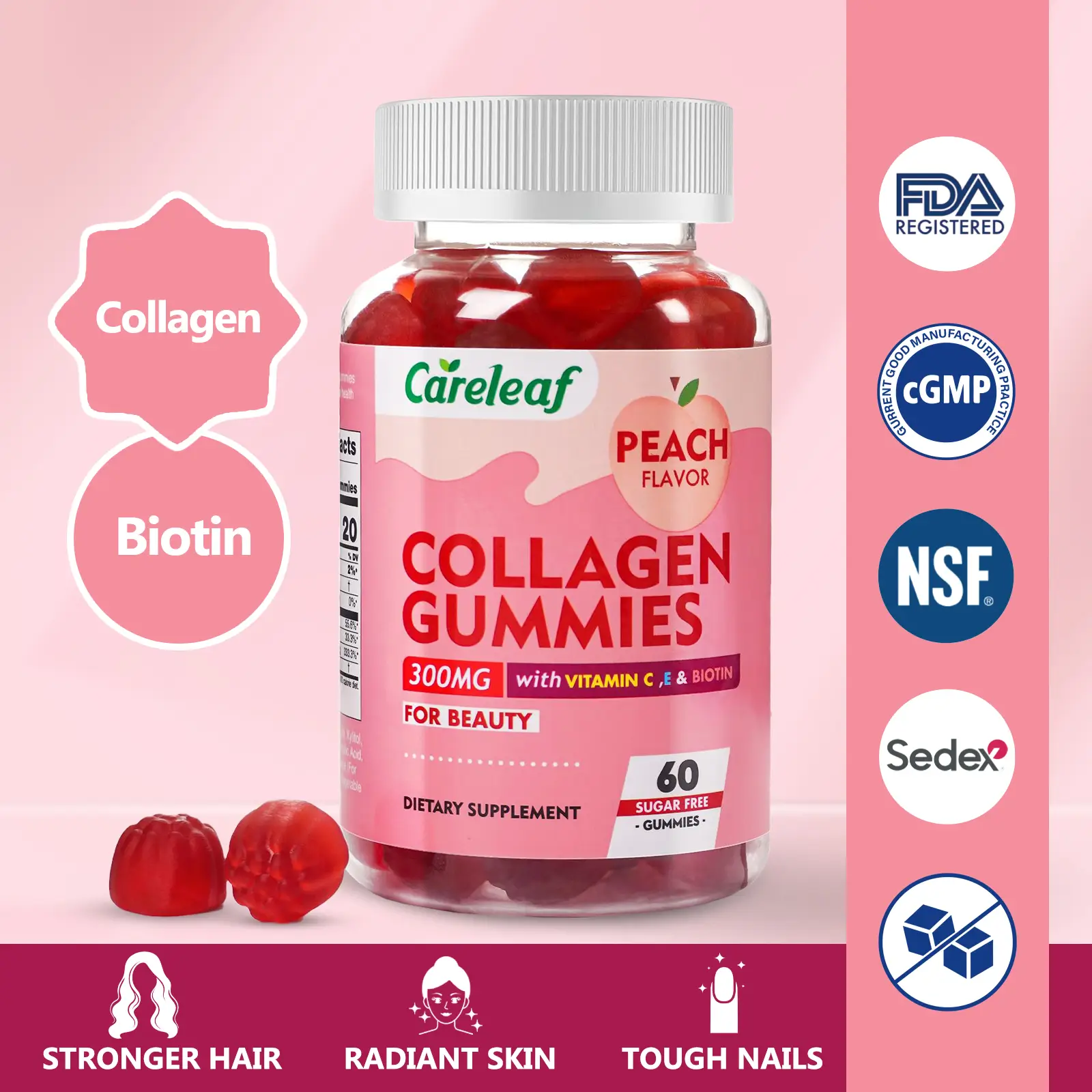 Careleaf Sugar-Free Collagen peptides Edible Beauty Feminine Gummy- Supplement with Biotin for Hair, Skin & Nails Support - Healthcare Dietary Fitness