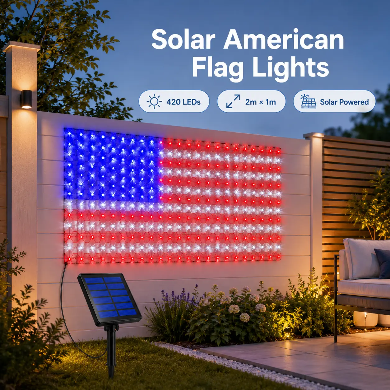 Solar American Flag Lights Outdoor, 420 LED Patriotic Mesh Flag Light, 2m x 1m, 5m Lead Cable, Solar Powered / 120V Plug-In, 4th of July Decorations for Wall Garage Fence Patio Bar