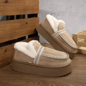 Women's Loafer Style Boots Winter Flat Warm Lining Ankle Snow Indoor Outdoor Shoes Platform Flats Thick Plush Fleece Slippers
