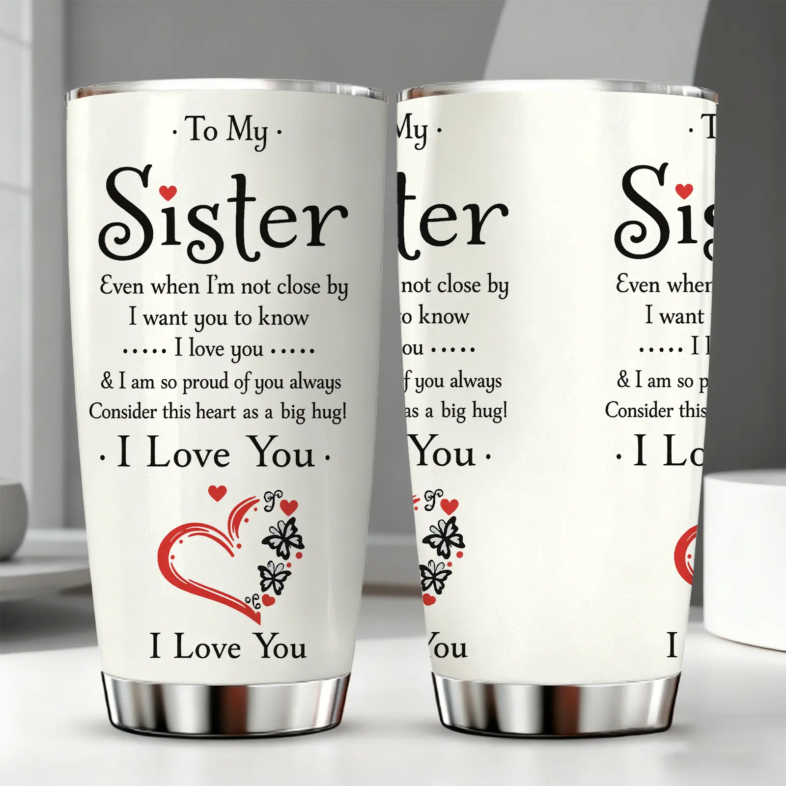 Vivacup 1pc 20oz Stainless Steel Tumbler, To My Sister I Love You Quote Insulated Mug with Lid and Straw, Keep Hot 12H / Cold 24H, Sentimental Gift for Sister, Birthday, Christmas, Emotional TikTok Trend Cup