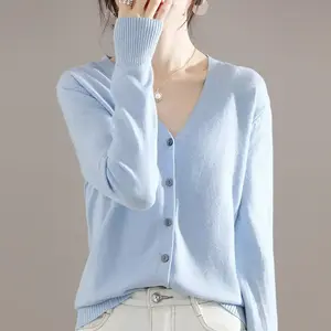 (Multiple color options) Spring lightweight women's V-neck knitted cardigan, loose casual long sleeved button sweater, minimalist multifunctional layered outerwear and basic top, comfortable and soft knitted chestnut colorRAIMENTRY