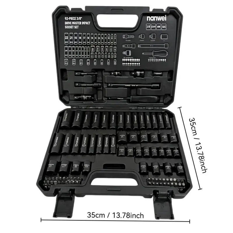 NANWEI 92-piece socket set, 3/8-inch drive, metric (8-22mm), imperial 5/16 - 3/4 inch, 6-point, CR-V, deep and shallow sockets, E-type hex head, suitable for automotive repair, durable and sturdy, easy-to-read size markings