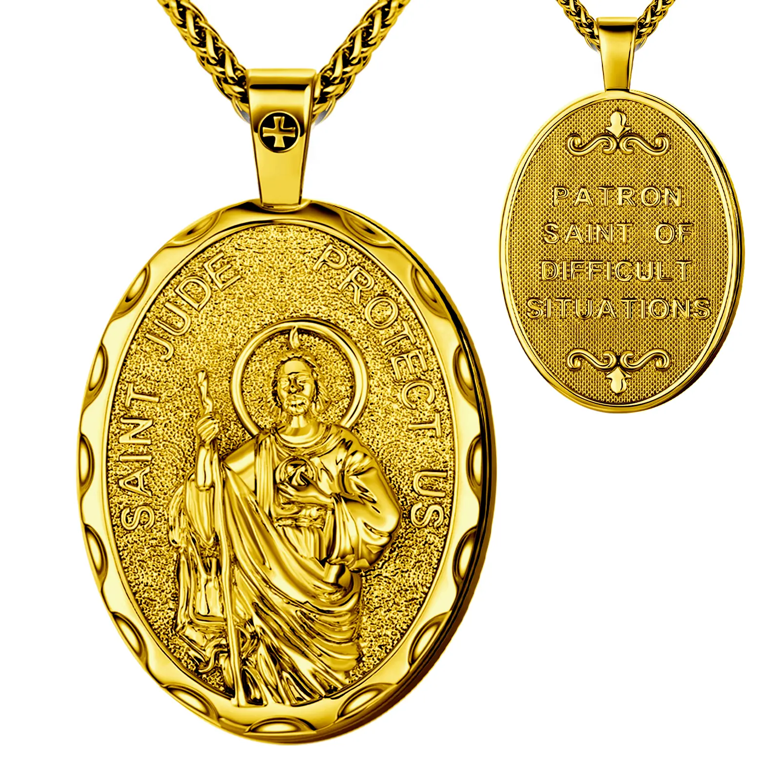 Saint Michael oval medallion necklace, gold-plated copper, with biblical scripture, the ideal jewelry amulet of St. Michael, St. Christopher, Virgin Mary, St. Joseph, Archangel Michael, St. Jude, St. Sebastian and St. Gerard-men and women.