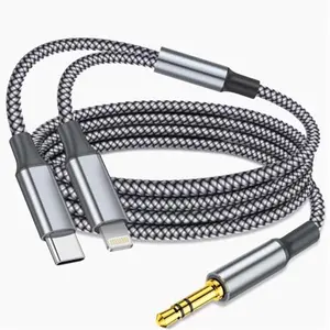 Aux Audio Cable for iPhone, 2 in 1 USB C to 3.5mm Aux Audio Lightning to 3.5mm Audio Cable Fit with iPhone 17 16 15 Plus/14/13/12/11/XR, Galaxy S24/S23/S22, Pixel 8/7/6, iPad to Car Stereo Speaker 4FT(Grey)
