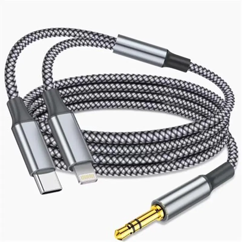 Aux Audio Cable for iPhone, 2 in 1 USB C to 3.5mm Aux Audio Lightning to 3.5mm Audio Cable Fit with iPhone 17 16 15 Plus/14/13/12/11/XR, Galaxy S24/S23/S22, Pixel 8/7/6, iPad to Car Stereo Speaker 4FT(Grey)