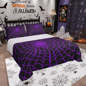Spider Web Sheet,Happy Halloween Geometric Abstract Bedding Set,Boys Girls Women Men Room Decor,Halloween Spider Ghost Purple Fashion Bed Sheet Set,(Fitted + Flat Sheet)
