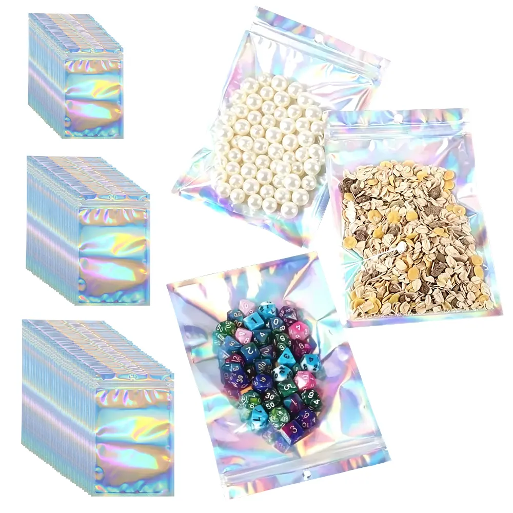 100Pcs Holographic Resealable Aluminum Foil Zip Bags, 3 Assorted Sizes Odor-Proof Clear Window Mylar Pouches, Rainbow Laser Plastic Storage Bags for Jewelry Cosmetic Snack Small Business Packaging Supplies