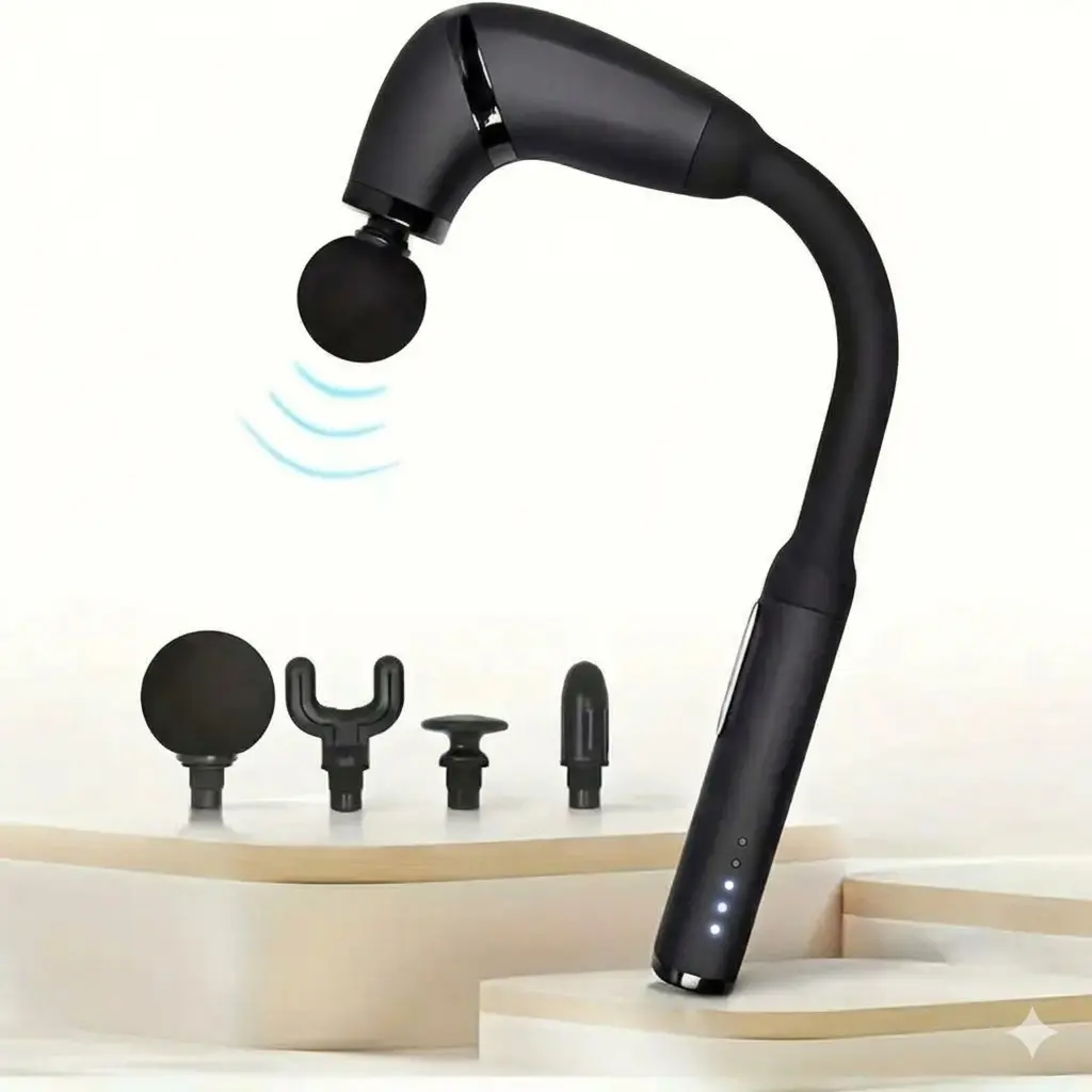 Rechargeable Percussion Massage Gun with Extended Handle for Shoulder & Low Back Pain Relief, Deep Tissue Muscle Massager with 5 Speeds & 4 Heads for Back/Neck, Deep Tissue Muscle Massagers, Massage Devices, Vibratory Massager