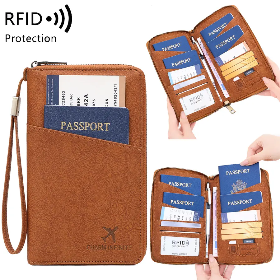 Passport Holder RFID-Blocking High Quality with Gift Box, Multi-Passports Capacity for Family, Zipper Passport cover case for women, lady clutch bag Multi-Card with Detachable Wrist Strap, Ticket Clip, Skin-Friendly Material, Travel Essential Gift Option