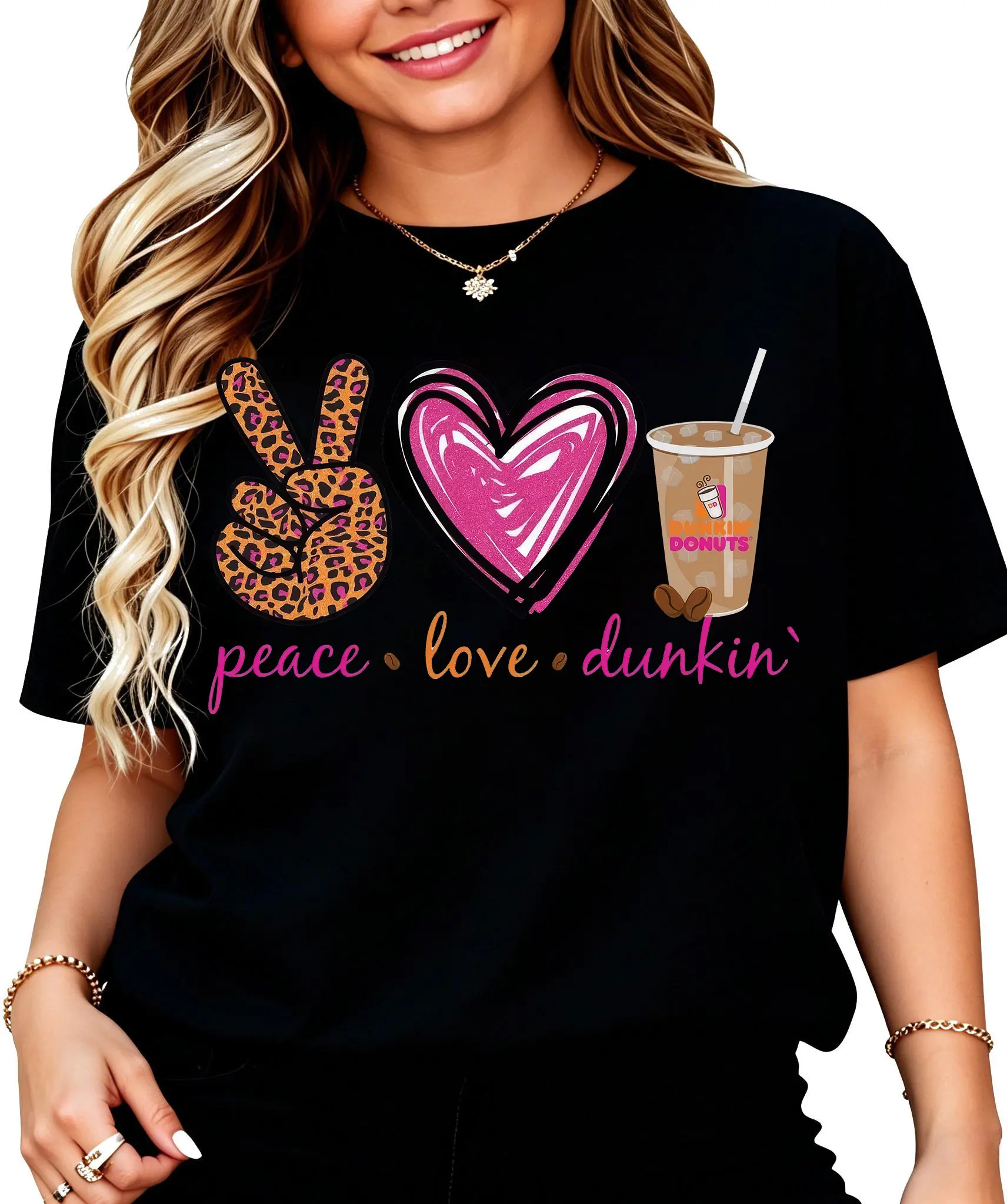 Women's Black Graphic T-Shirt - Funny "Peace Love Dunkin'" Coffee Cup Design - Soft Breathable Cotton Everyday Tee for Dunkin' Fans, Casual Outfits & Lounge Wear - Machine Washable Everyday Essential, Ladies T Shirts, Summer Party Top, Playful Print Shirt