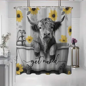 Highland cow and sunflower shower curtain in the bathtub, perfect for bathroom decoration, partitions, beautifying space, polyester durable material, easy to clean, machine washable, multiple sizes to choose from, One Piece, shower curtain hook