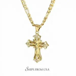 14K Gold-Plated Jesus Cross Pendant Necklace with Sparkling Embellishments, Elegant Religious Jewelry, Ideal for Thanksgiving, Graduation & Everyday Wear