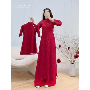 Red Floral Mother Daughter Matching Vietnamese Ao Dai O8