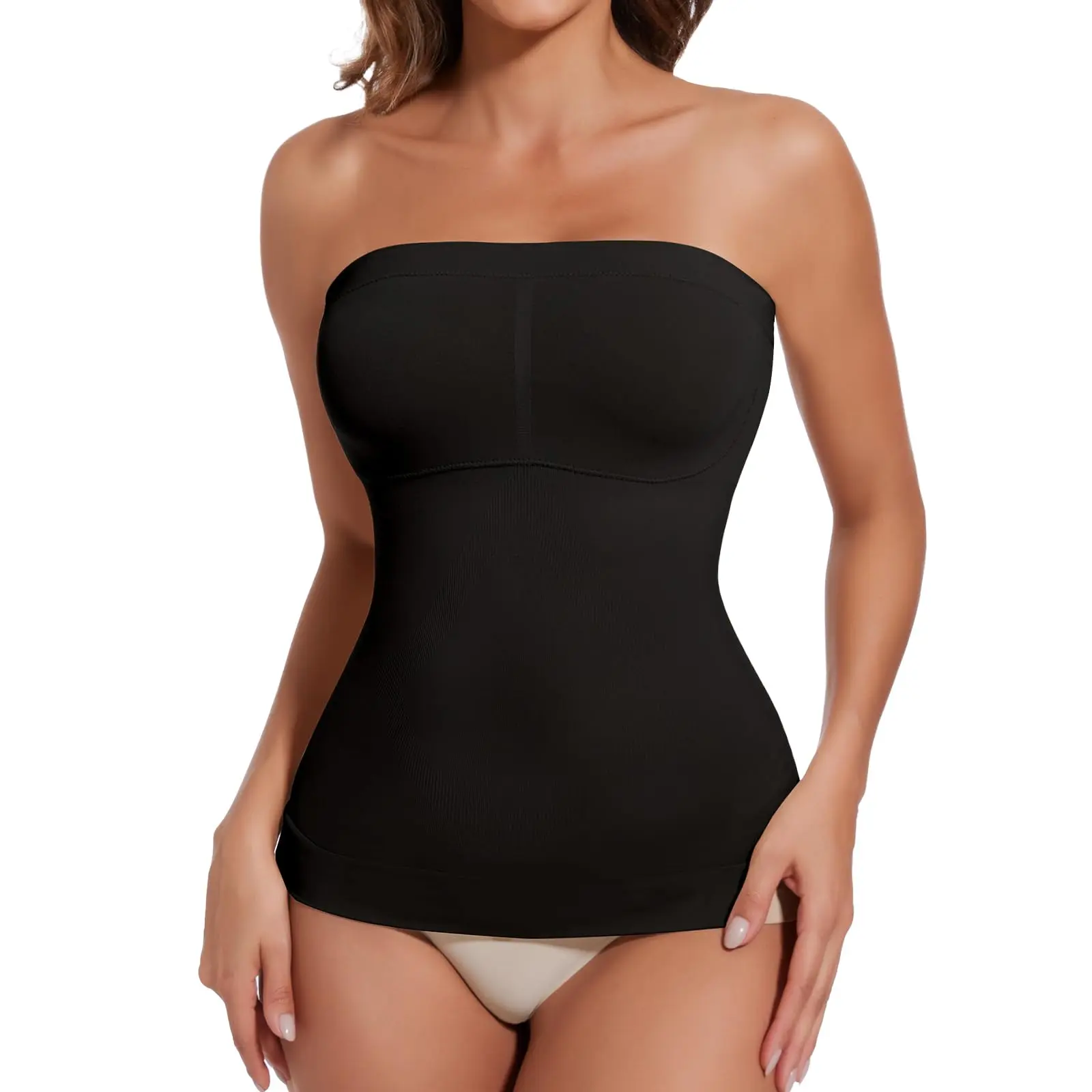 Joyshaper Women's Solid Color Strapless Long Tube Top - High Waist Tummy Control Fitted,Hourglass,Self-Adjusting,Shaper,Minimising Shapewear Top,Casual Sleeveless Cover Up Basic Womenswear, Fitted Shapewear Tops, Hourglass Shapewear Tops