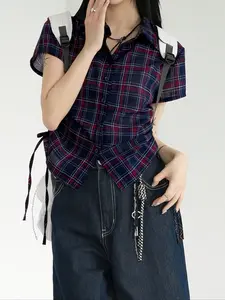 Women's Polo Neck Shirt Plaid Design, Casual Fitted Loose Fit, Early Autumn Fashion, Versatile Retro Style, Comfortable Lazy Look