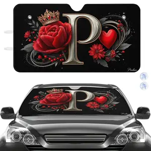 Car Windshield Sun Shade Black with Red Rose and Crown Initial P Heart Floral Design | Aluminum Material, SUV Vehicle Sunshade, Universally Applicable for Car Interior Protection