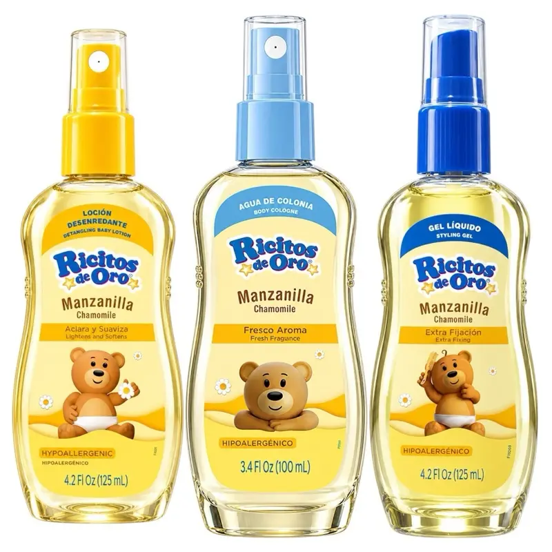 Ricitos de Oro Manzanilla Hipoalergénico Extra Fijation Hair GeL Fresco Aroma Chamomile Fragrance, Cologne Hypoallergenic 100ml Gentle Fresh Fragrance for Babies Soft Non-Irritating Formula, Clarifying Lotion Chamomile Goldilocks , 3 PACK VARIATION!