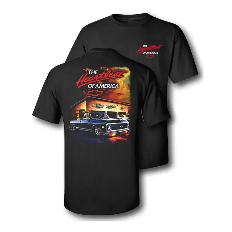Men's The Heartbeat of America Graphic Tee - Classic Chevy C10 Pickup, Sunset Garage Scene Print, All-Season Casual Tee for Car Enthusiasts, Fade-Resistant, Machine Washable