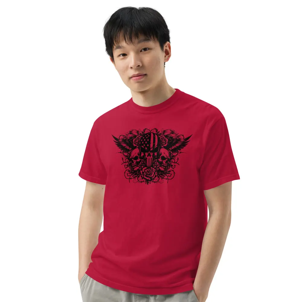 Bold and Edgy Patriotic Apparel - Patriotic Punisher Skull with Roses, Eagles and Barbed Wire - Heavyweight T-Shirt