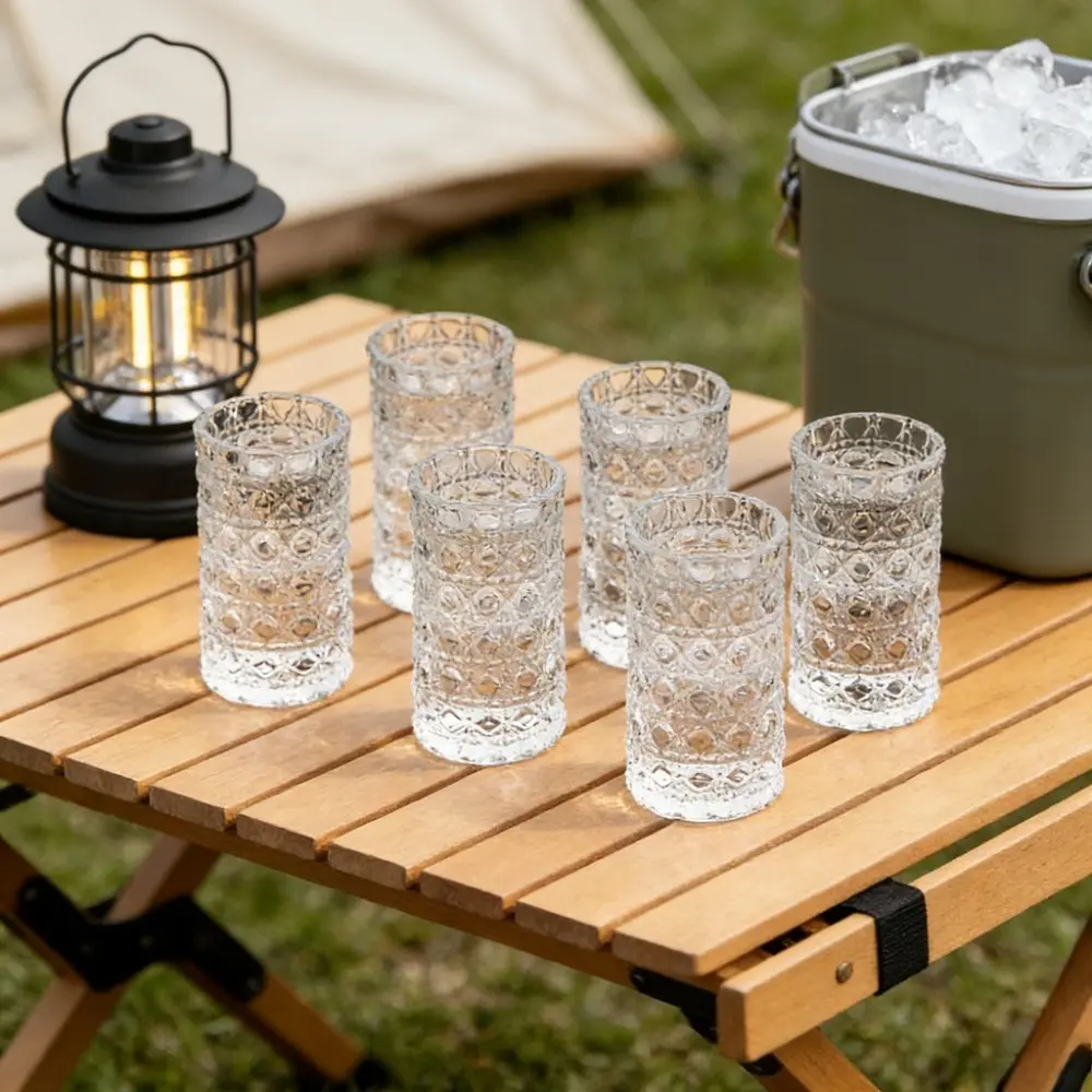 Vintage Embossed 6-Piece 1oz Glass Set - Barready 6pc Set, Stain-Resistant Kitchen Drinkware for Beer, Whiskey, Cocktail Portioning, Juice & Milk Fit Too