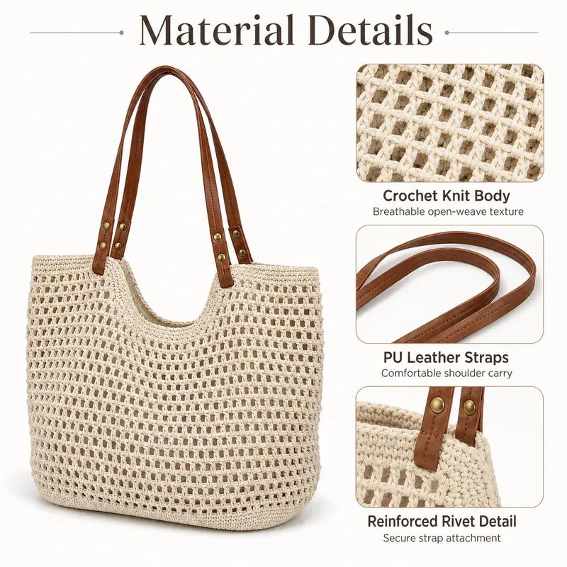 Crochet Tote Bag for Women, Hollow Out Knitted Mesh Shoulder Bag with Faux Leather Handles, Summer Beach Bag, Boho Woven Purse for Travel, Vacation, Shopping & Daily Use, Lightweight Casual Tote, Everyday Carry Bag