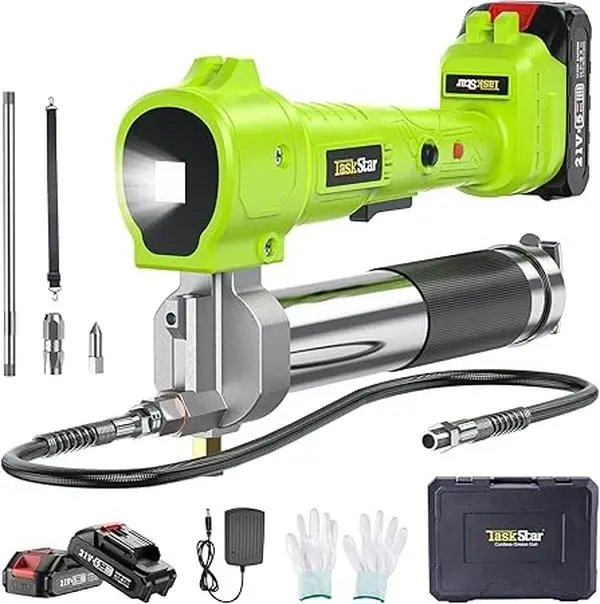 【TaskStar】Electric Grease Gun Kit, 39.4”Flexible Hose with 2 Batteries and Charger, 10000 PSI Cordless Grease Gun with Super Bright LED Light, For Truck, Pickup,Agricultural Machinery, Power Tool Industrial Hardware Heavy Duty Pressure