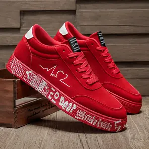 2025 Autumn New Men's Red Mid-Top Breathable Casual Trainers - Closed-Toe Wide-Fit Athletic Skateboarding Running Shoes for Boys