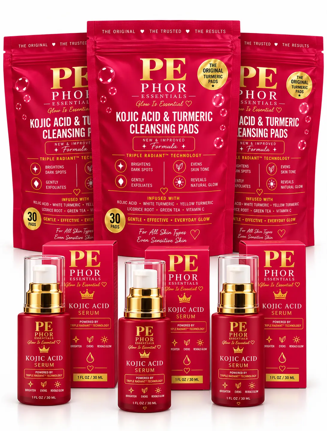 Phor Essentials Triple Glow Bundle | 3 Kojic Acid & Turmeric Cleansing Pad Packs + 3 Kojic Acid Serums | 6 Piece Face & Body Skincare Set